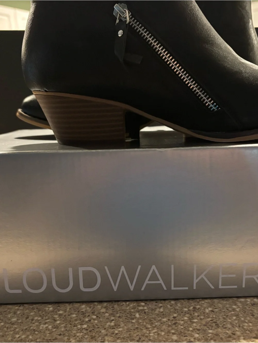 cloudwalkers Black Leather Ankle Booties with Stacked Wood-Tone Heel